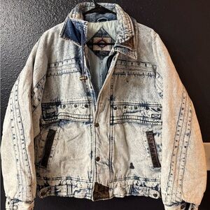 80s Vintage Acid-Wash Denim Jacket with Leather Trim